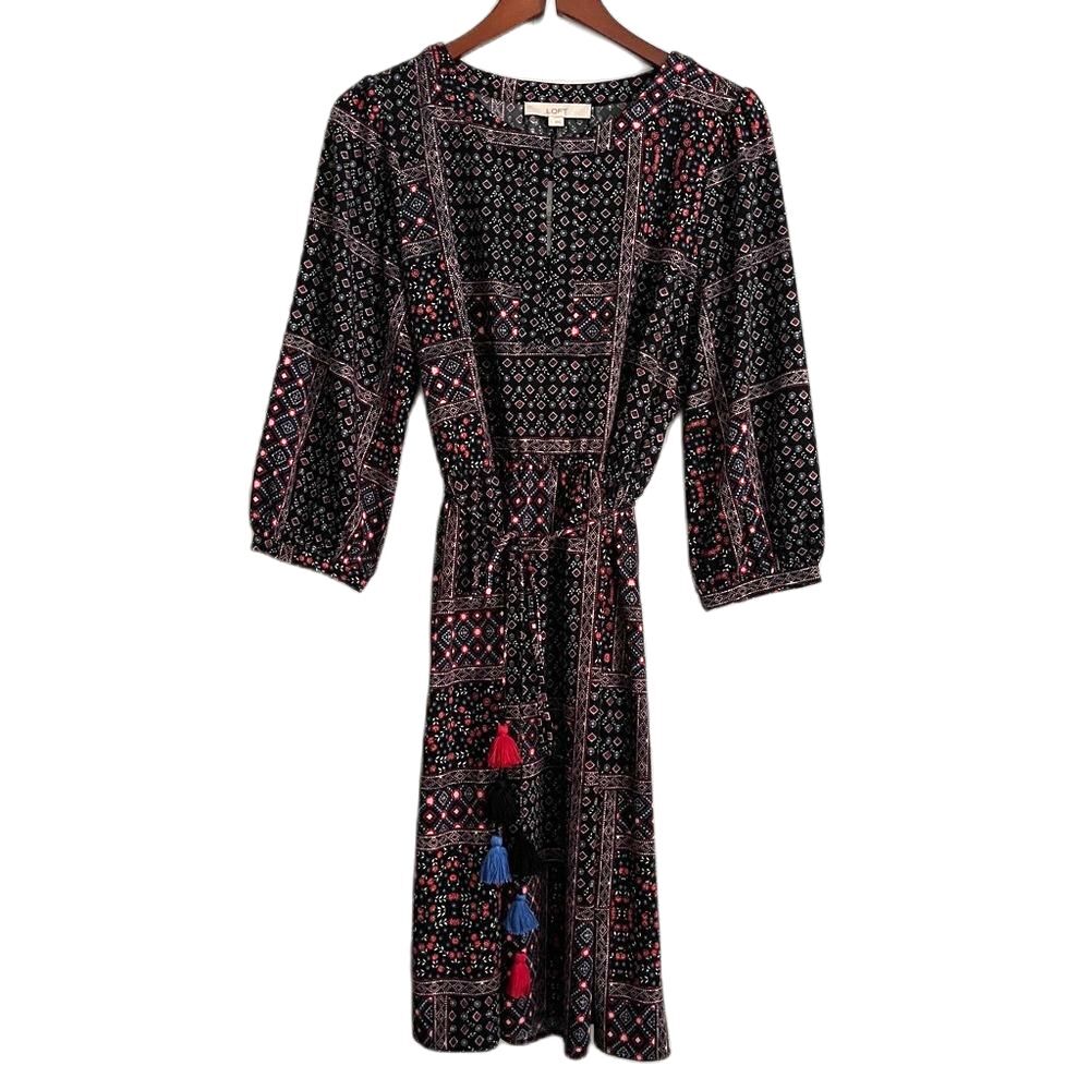 LOFT Dress L Colorful Geometric Floral Tie Tassels Bohemian Cottagecore Academia